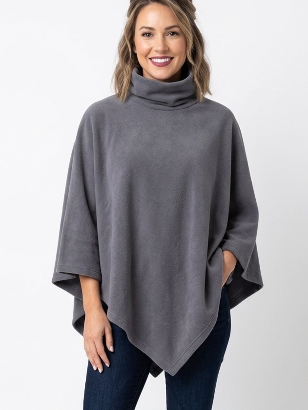Grey Funnel Neck Poncho Thick Jersey Knit Asymmetrical